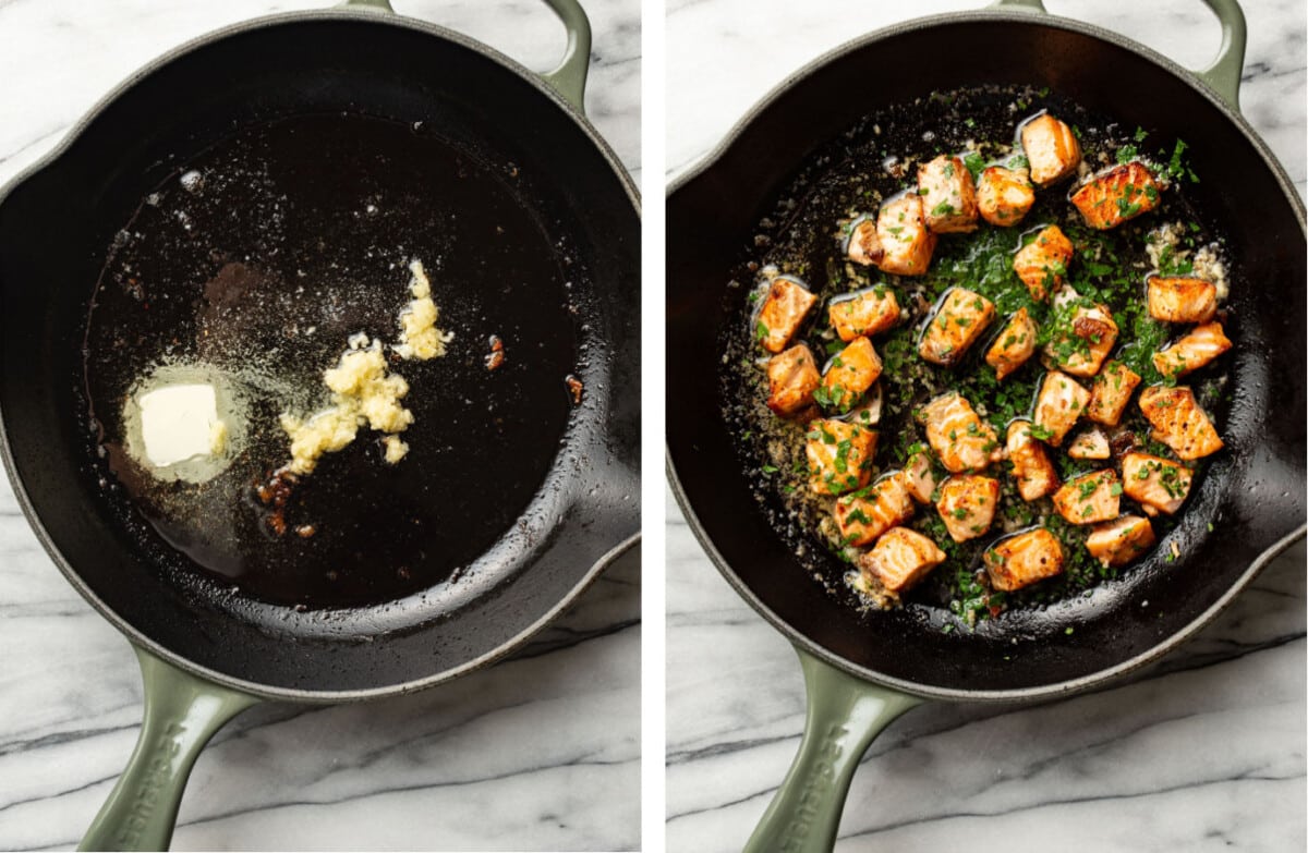 making garlic butter sauce in a skillet and adding salmon bites and parsley