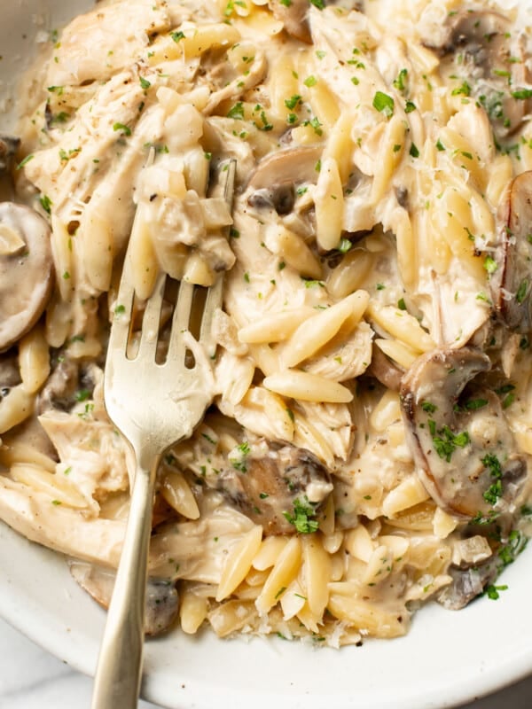 a bowl of creamy mushroom chicken orzo with a fork