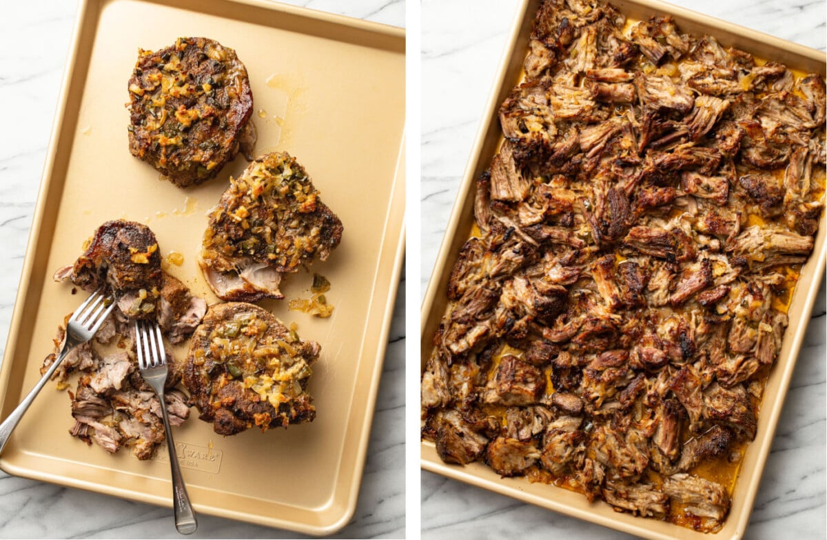 a baking sheet with carnitas before and after shredding
