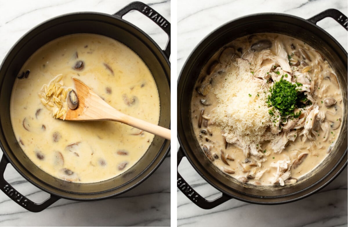 stirring in broth, cream, pasta, and parmesan to a pot of chicken and mushroom orzo