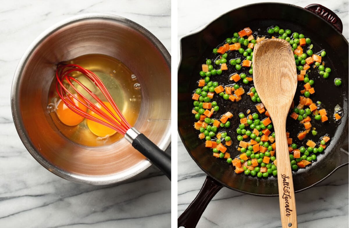 whisking eggs in a prep bowl and stir frying vegetables in a skillet