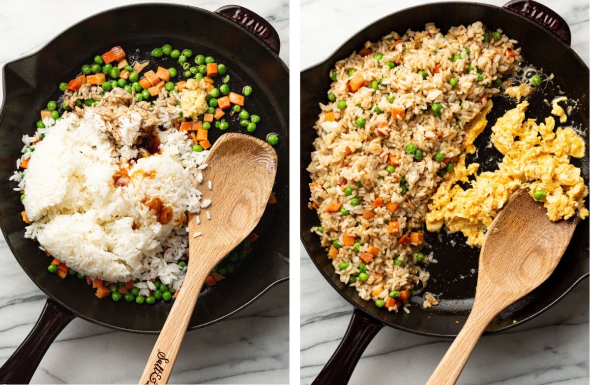 adding rice to a skillet and scrambling eggs