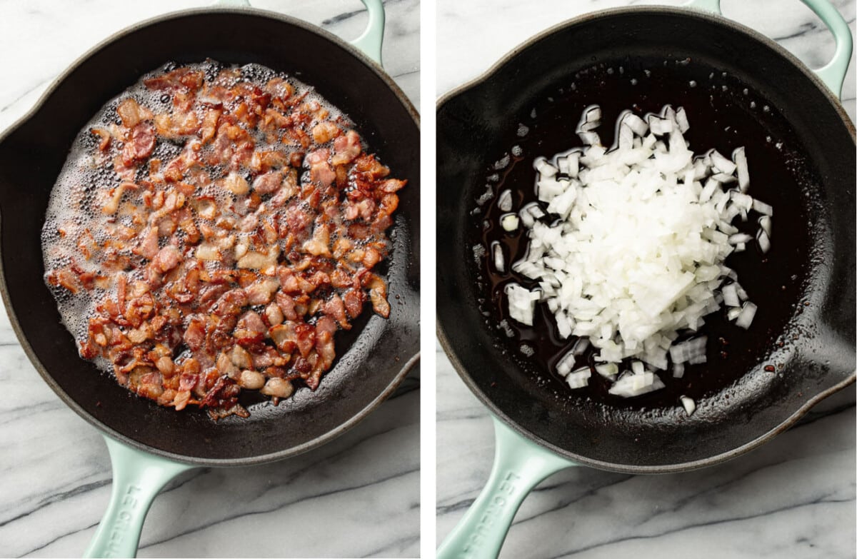 frying bacon in a skillet and sauteing onions