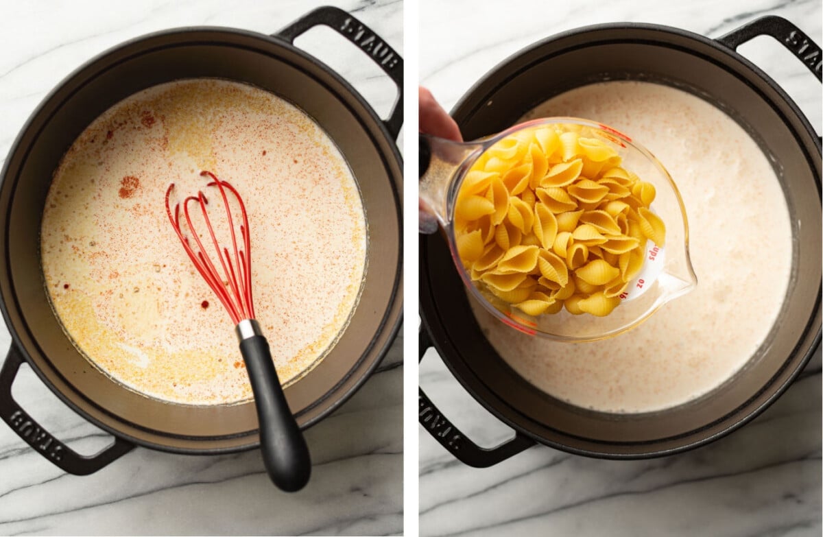 whisking cheese sauce in a pot and adding pasta