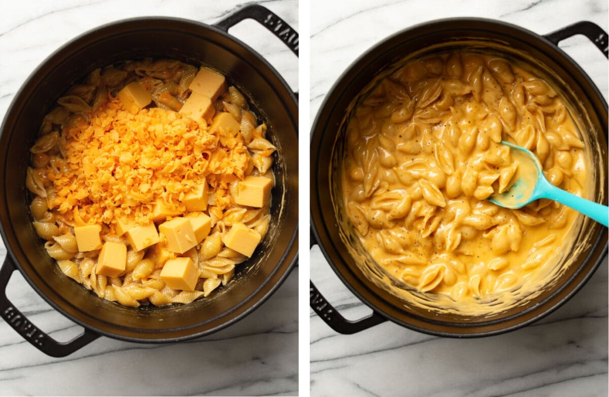 a pot of velveeta and shells before and after cooking