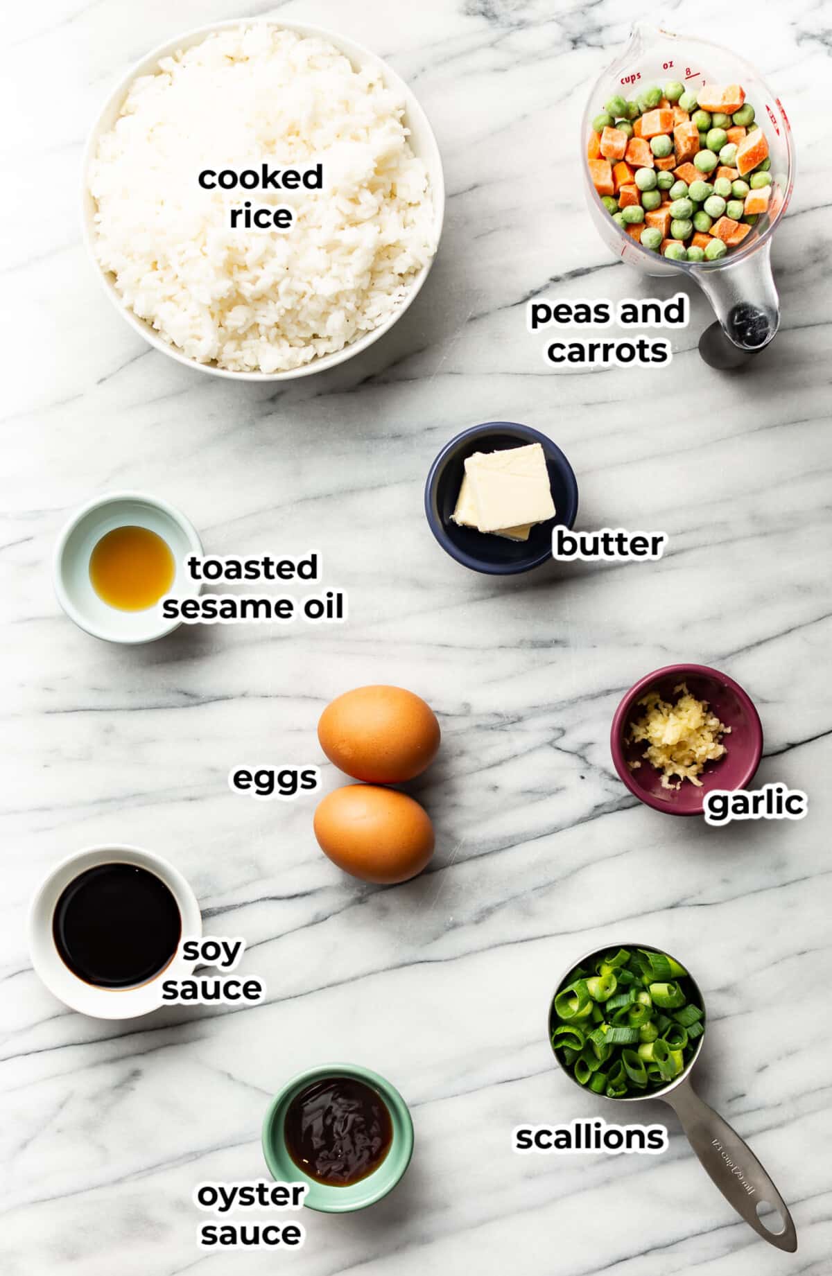 ingredients for fried rice in prep bowls