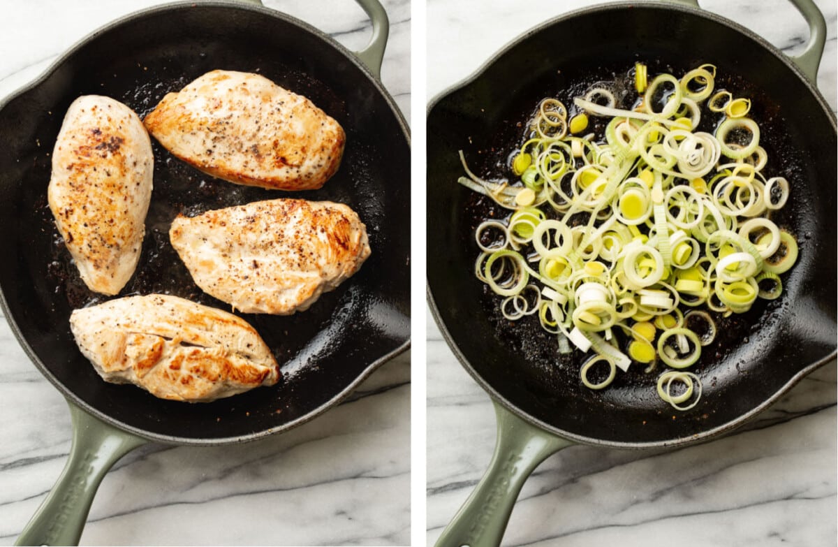 pan searing chicken in a skillet and sauteing leeks