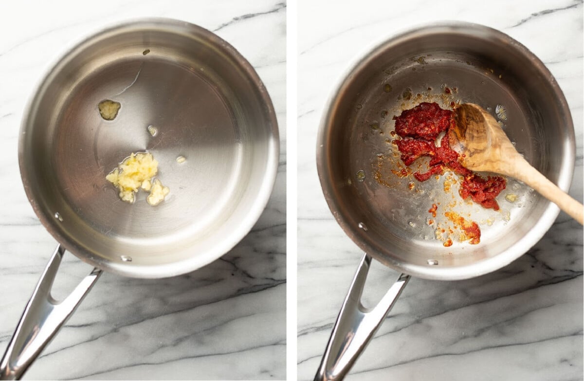 frying garlic in a saucepan and adding in tomato sauce