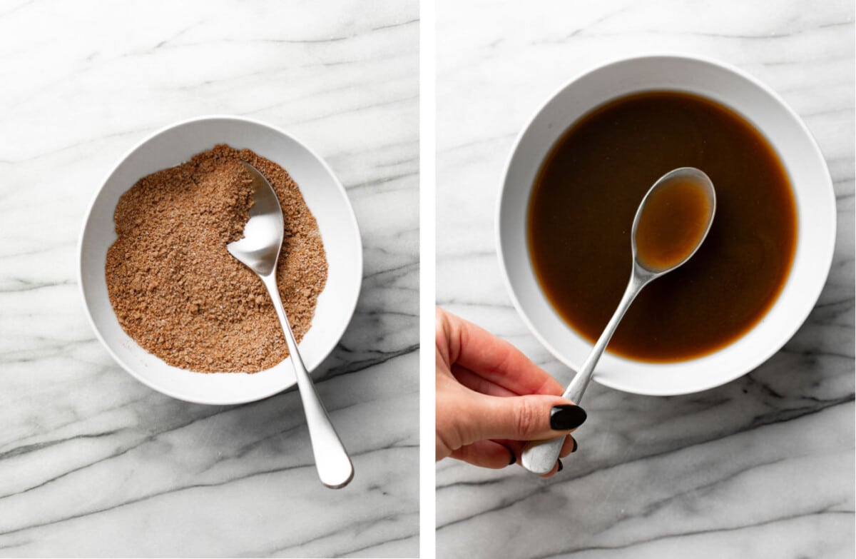 mixing seasoning rub for pulled pork in a bowl and stirring liquid ingredients