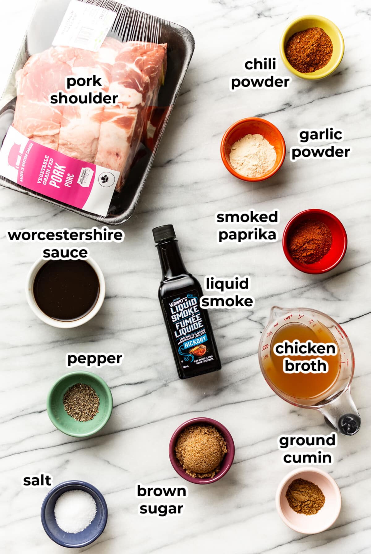 ingredients for pulled pork in prep bowls