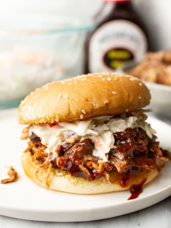 a pulled pork sandwich with coleslaw