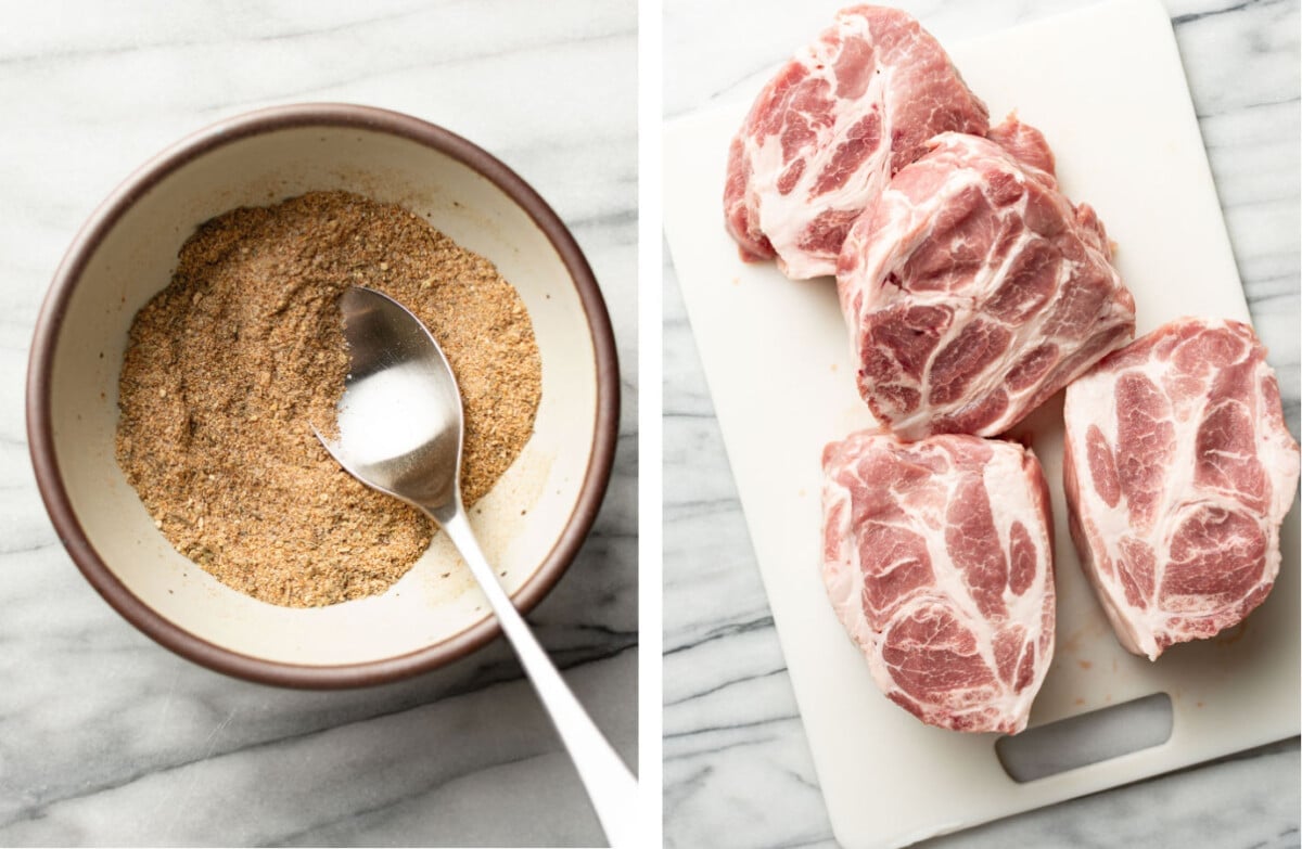 mixing a seasoning rub in a prep bowl and cutting pork shoulder on a cutting board