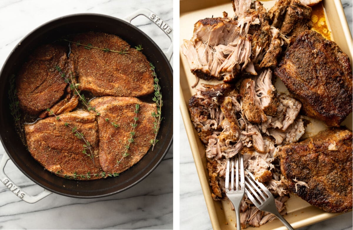 pork roast in a dutch oven and shredding it on a baking sheet with two forks