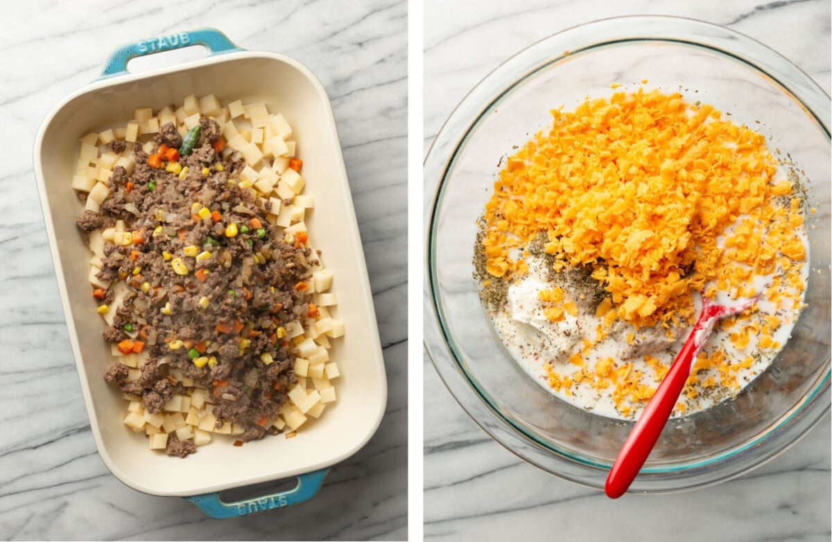 adding ground beef to a skillet and mixing cheesy sauce in a prep bowl