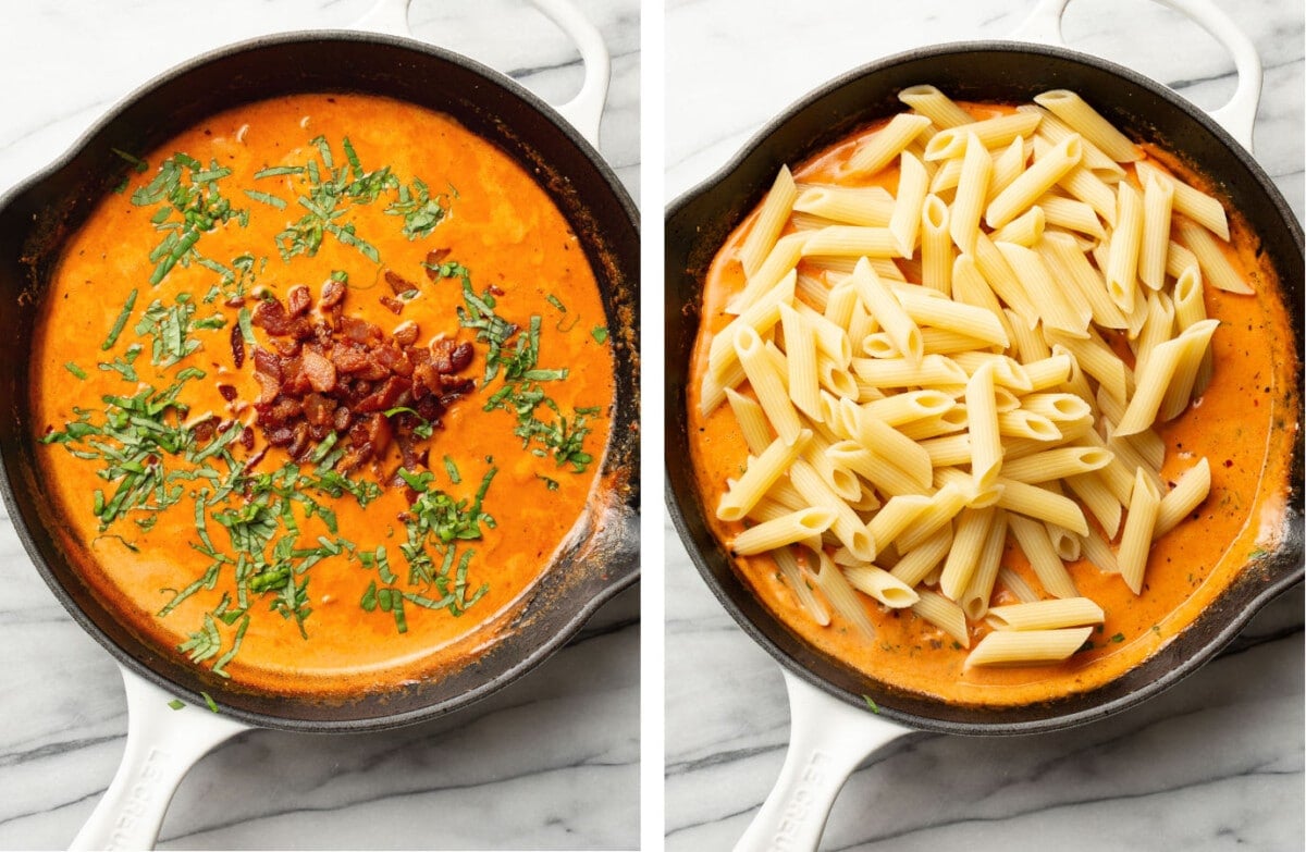 adding bacon to spicy tomato sauce in a skillet and tossing with penne