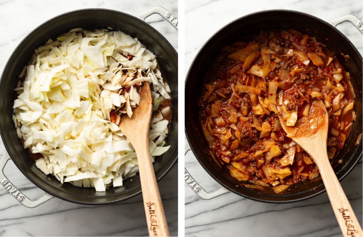 stirring in cabbage to a pot and adding cabbage roll seasoning