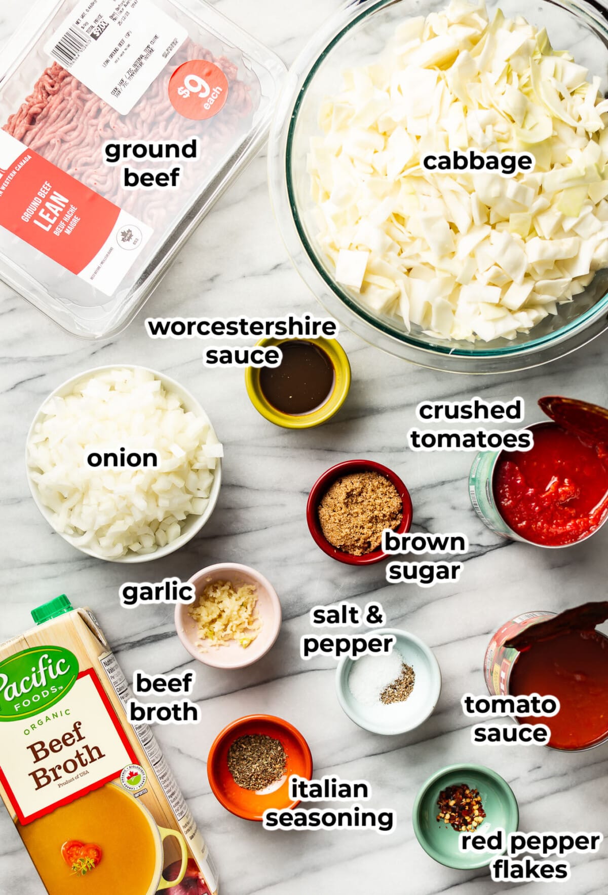 ingredients for unstuffed cabbage rolls in prep bowls