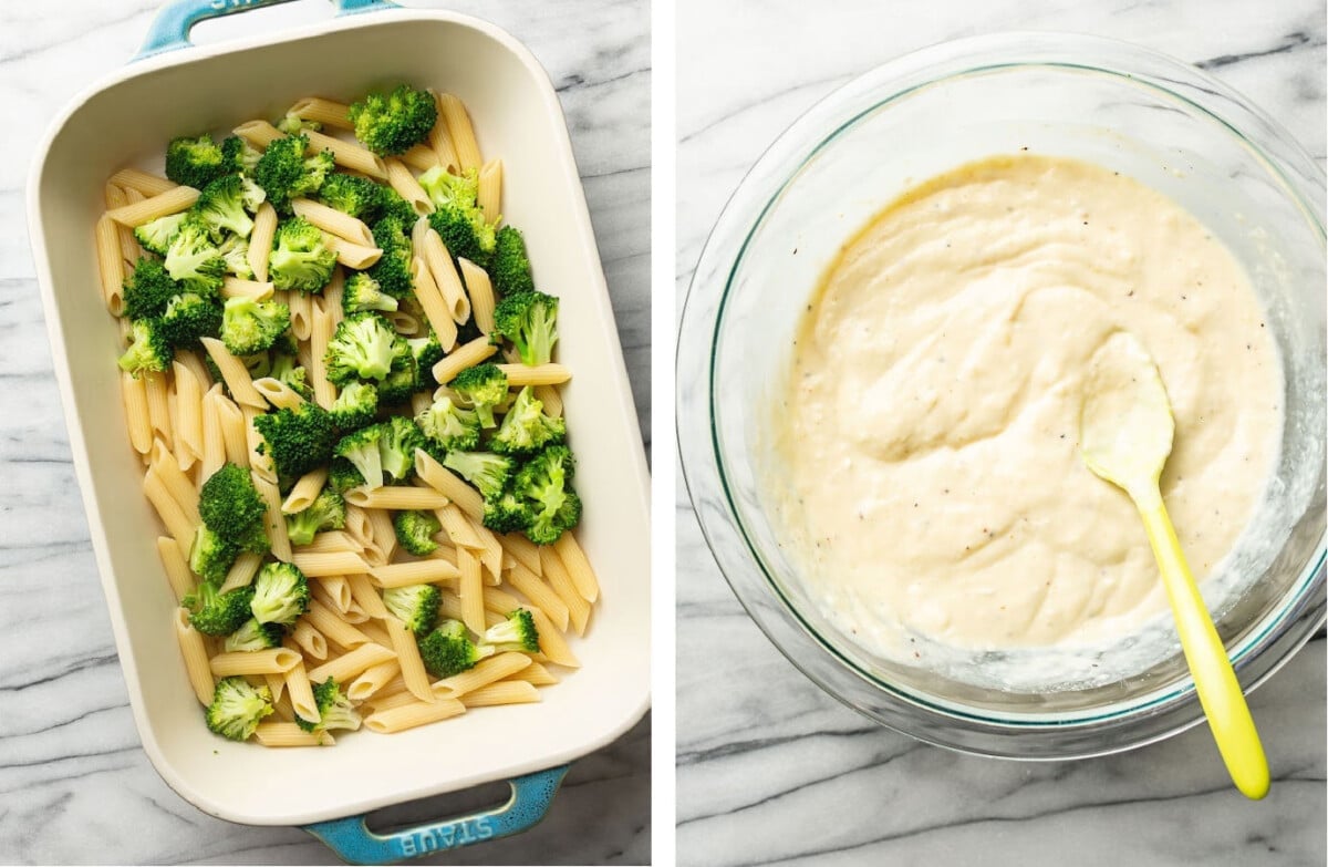 adding pasta and broccoli to a baking dish and mixing sauce in a prep bowl