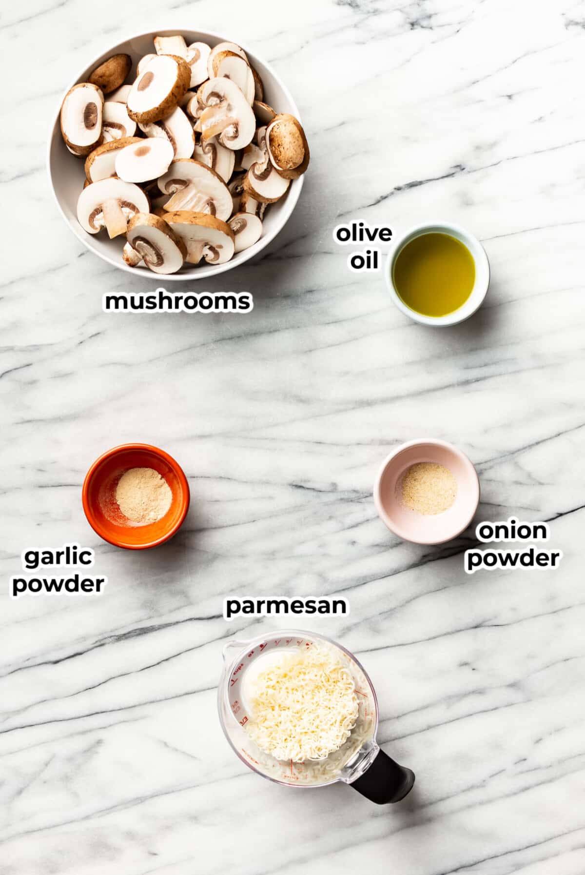ingredients for air fryer mushrooms in prep bowls