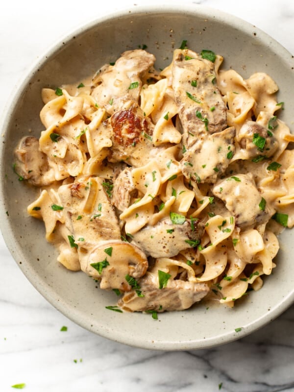 a bowl with beef stroganoff and egg noodles