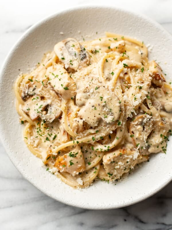 a bowl of chicken mushroom pasta
