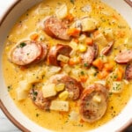 a bowl of creamy kielbasa and potato soup