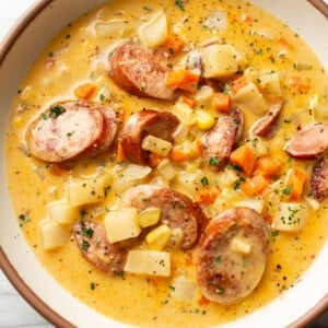 a bowl of creamy kielbasa and potato soup