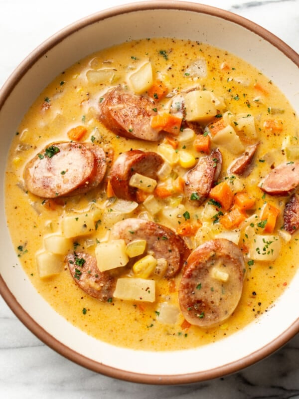 a bowl of creamy kielbasa and potato soup