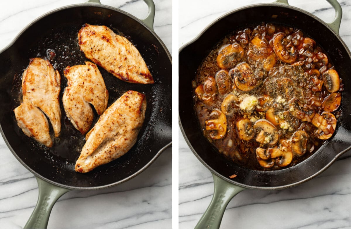 pan frying chicken in a skillet and sauteing mushrooms