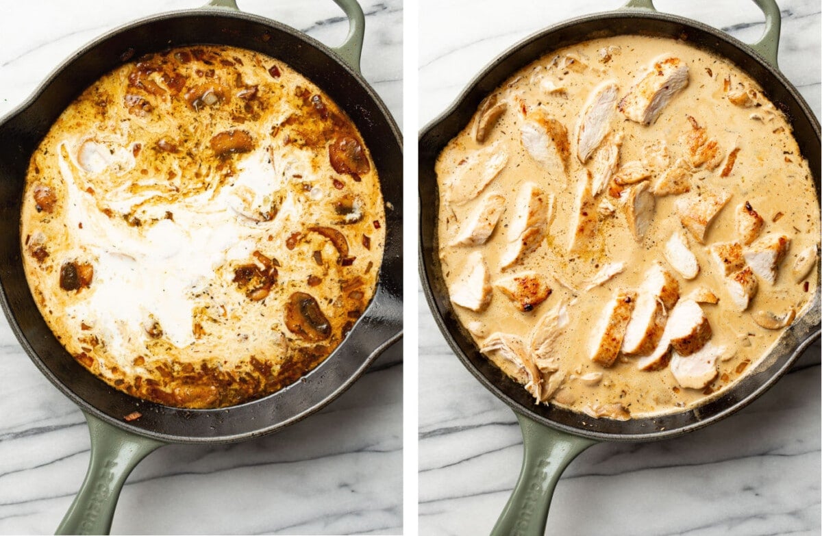 making creamy mushroom pasta sauce in a skillet and adding sliced chicken