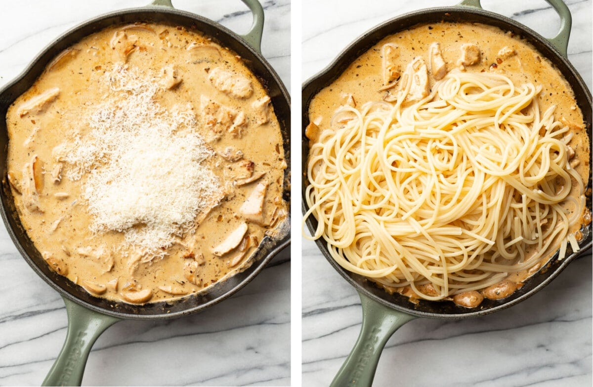 tossing chicken mushroom pasta in a skillet
