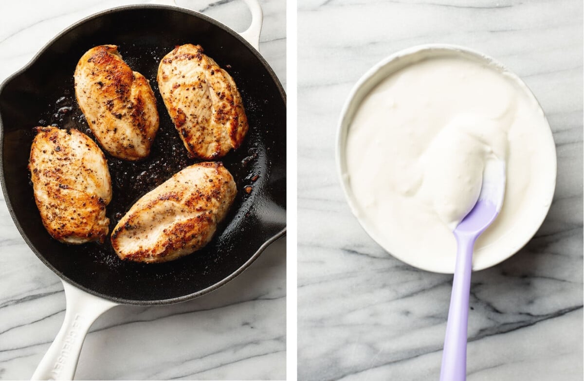 pan searing chicken in a skillet and mixing flour into a prep bowl with sour cream