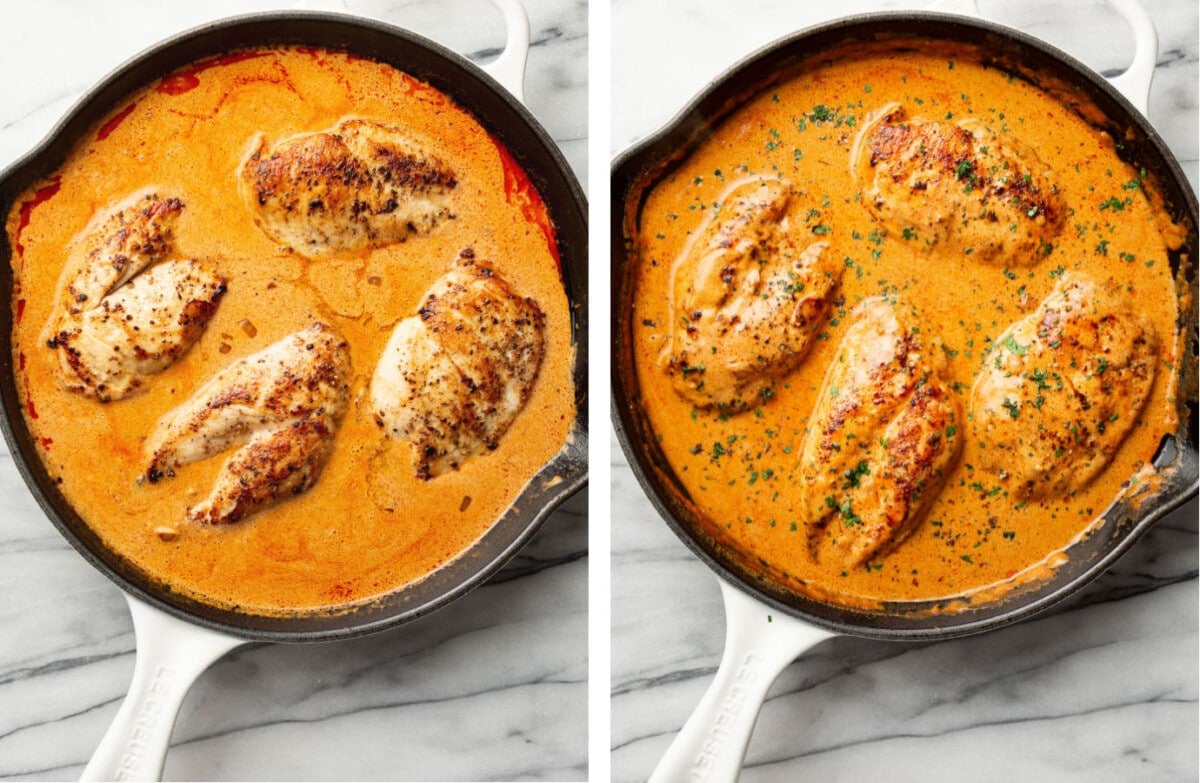 a skillet with paprika chicken before and after cooking