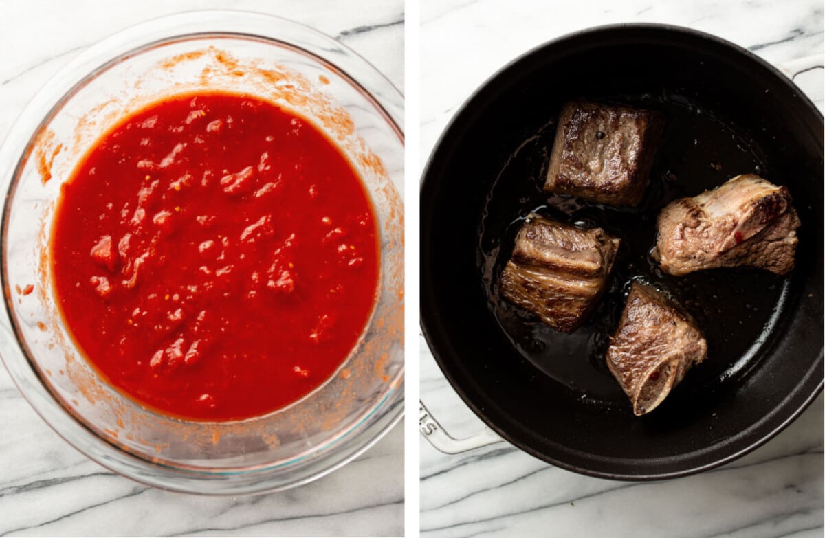 prepping tomatoes in a bowl and searing short ribs in a dutch oven