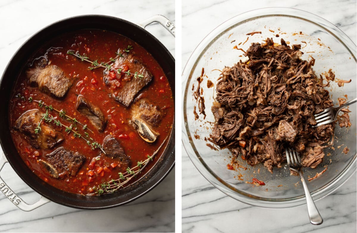 simmering beef short rib ragu in a dutch oven and then shredding the beef in a prep bowl