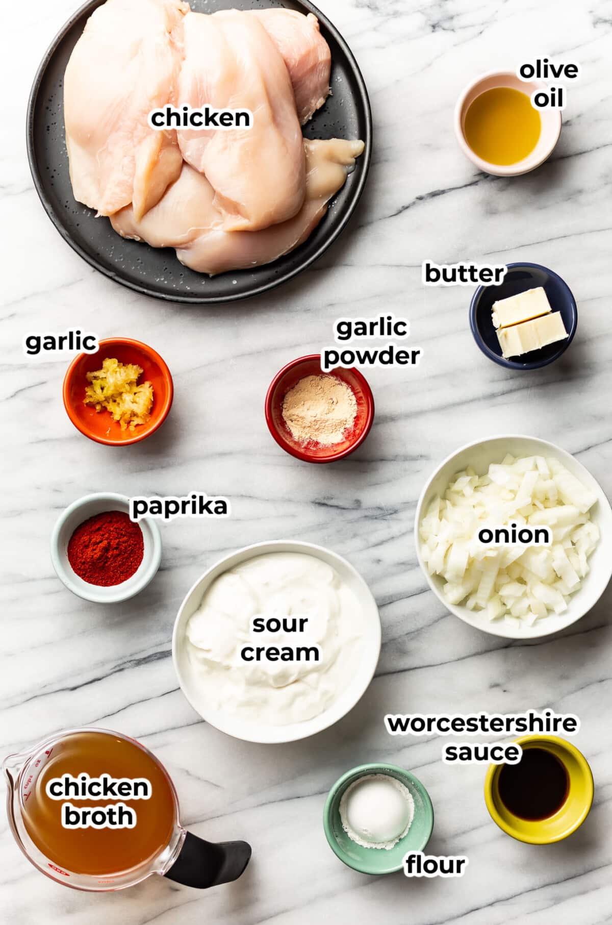 ingredients for paprika chicken in prep bowls