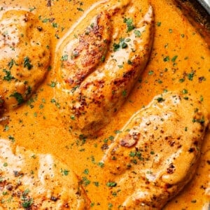 a skillet with creamy paprika chicken