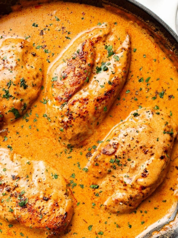 a skillet with creamy paprika chicken