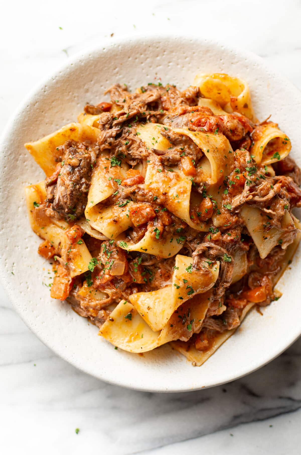 a bowl of beef short rib ragu with pasta