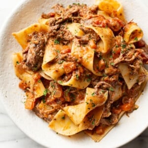 a bowl of beef short rib ragu with pasta