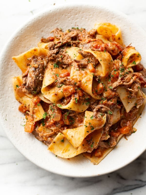 a bowl of beef short rib ragu with pasta