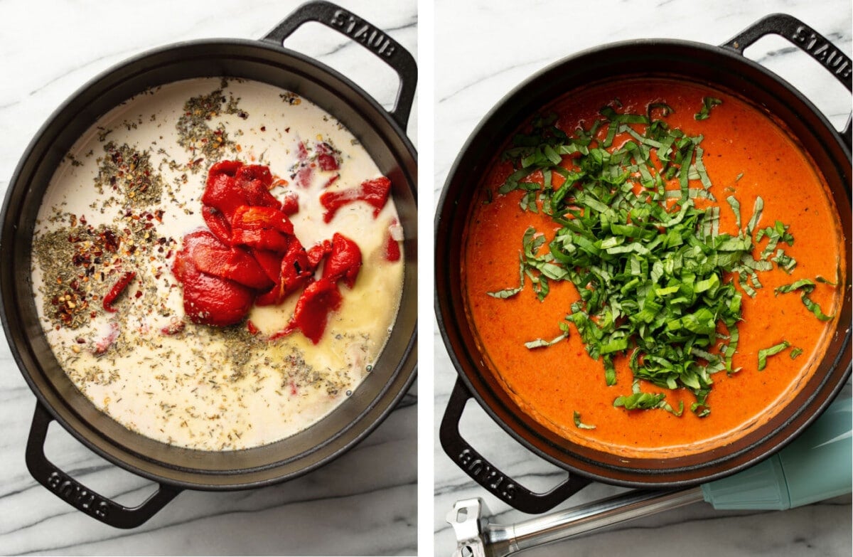 a pot of roasted red pepper soup before and after cooking