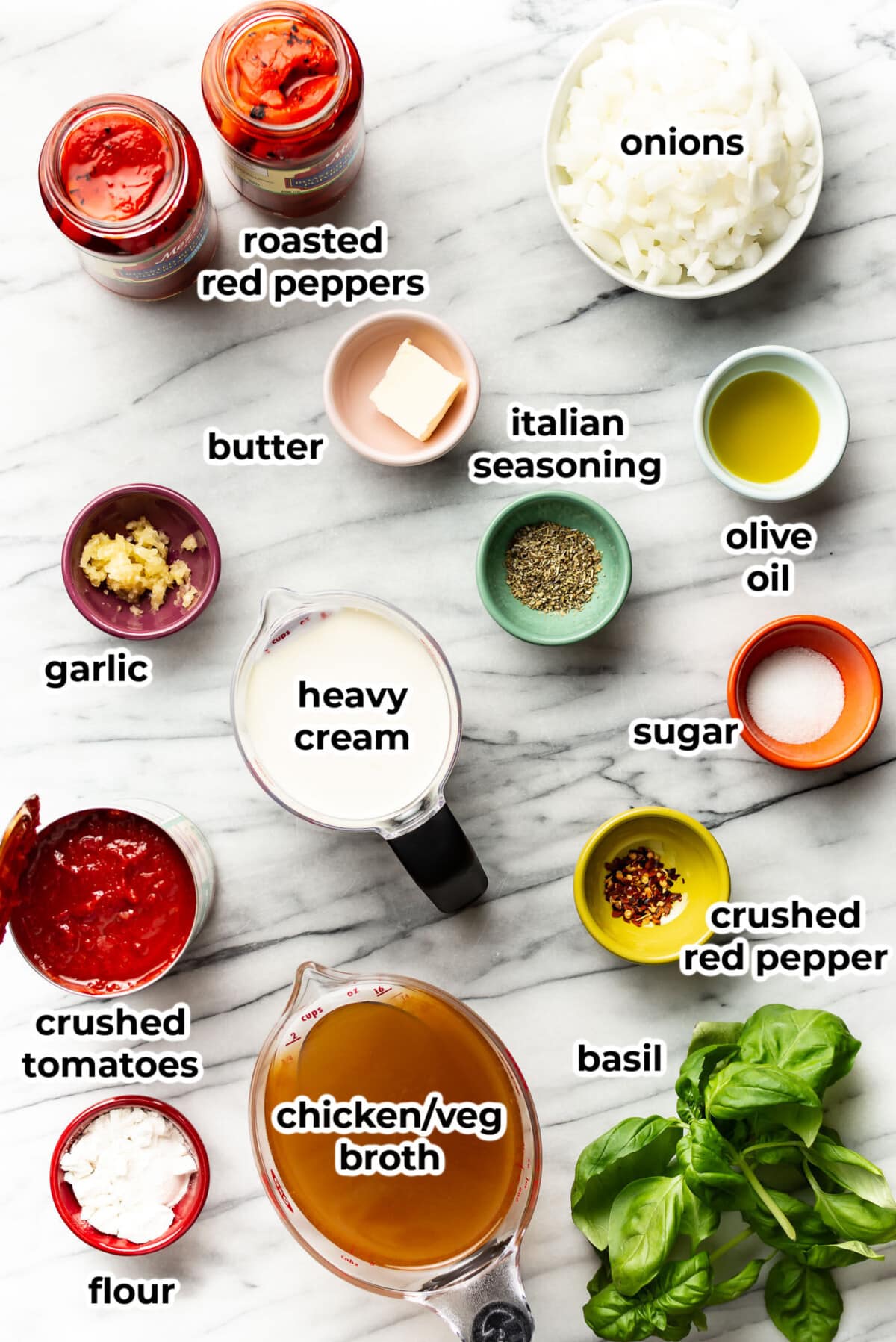 ingredients for roasted red pepper soup in prep bowls