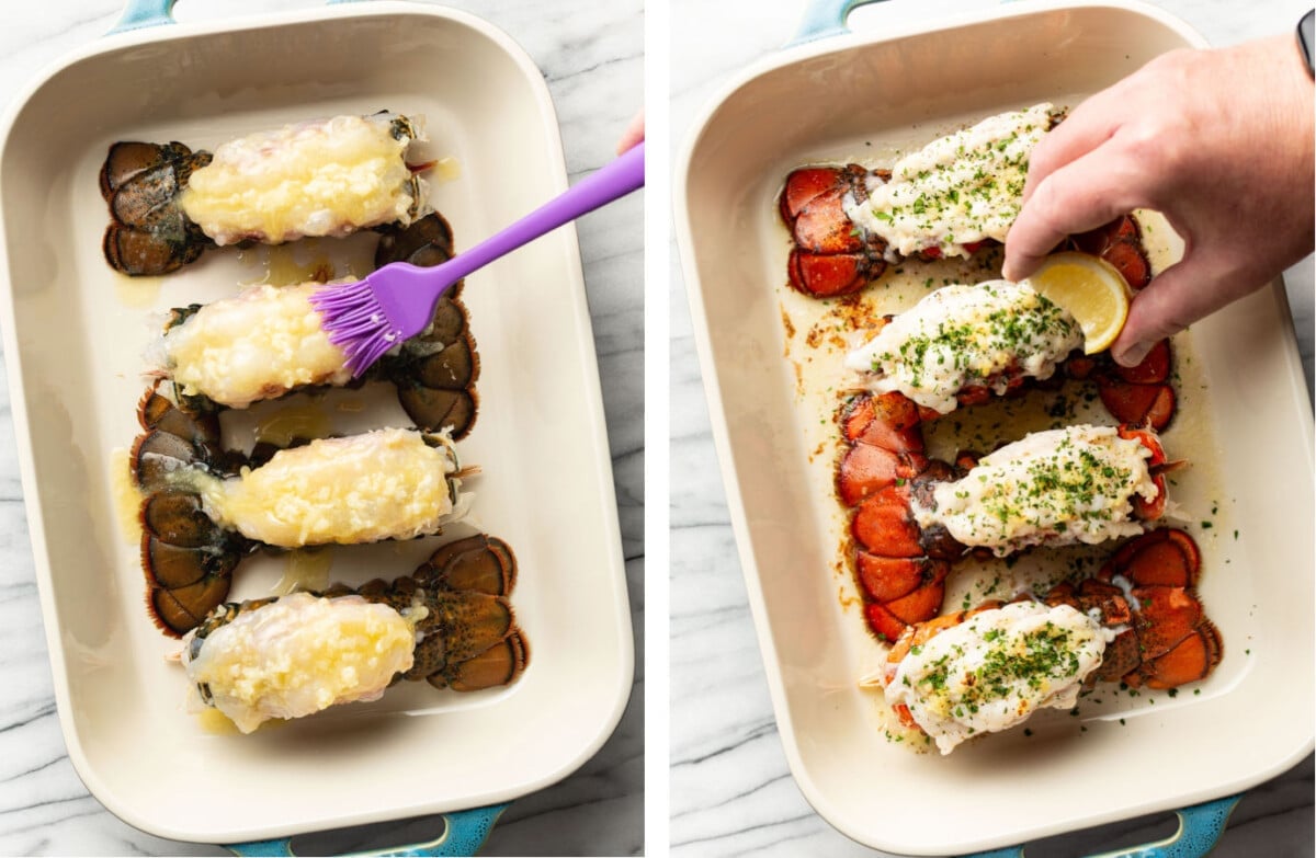 basting lobster tails in a baking dish and squeezing lemon on top