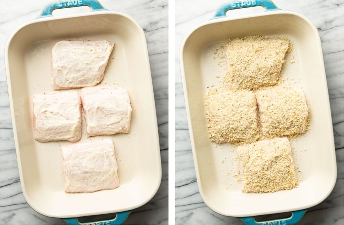 coating cod with mayo and panko mixture before baking