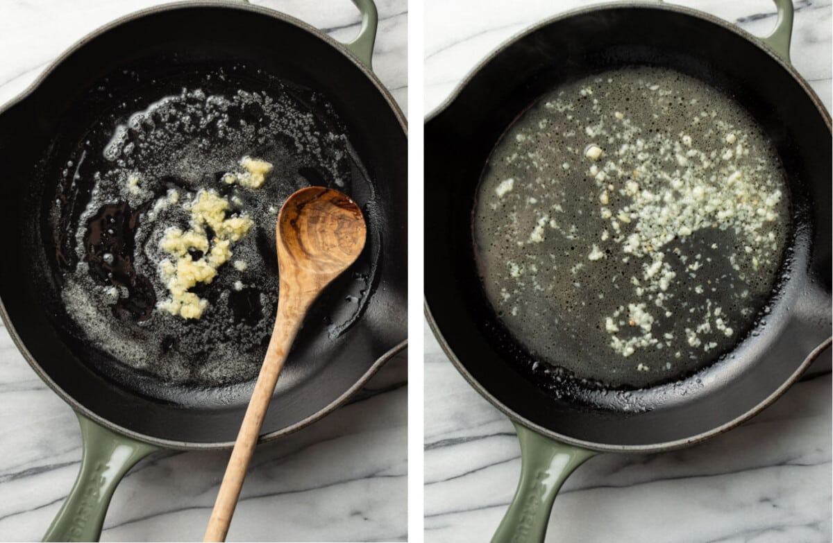 frying garlic in a skillet and making a white wine reduction