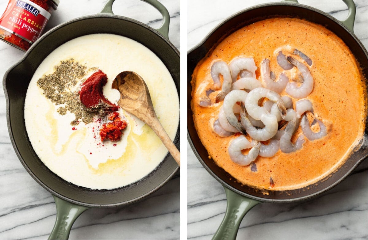 making spicy tomato sauce in a skillet and making shrimp