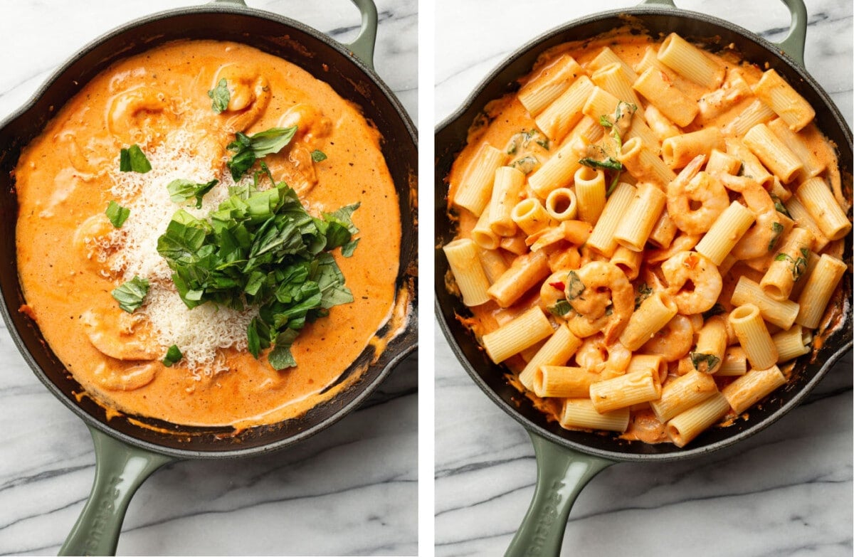 tossing spicy shrimp rigatoni in a skillet with parmesan and basil