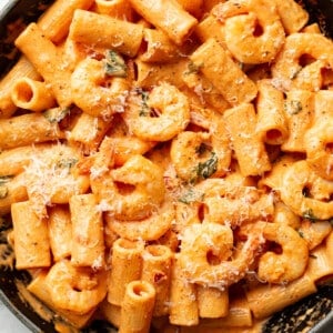 a skillet with spicy shrimp rigatoni